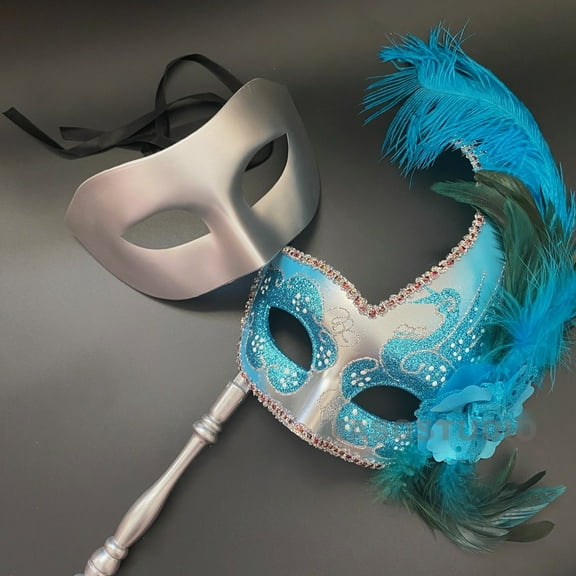 MASQ Couples Masquerade Ball Mask Pair Ostrich Feather Cosplay Costume New Year Mardi Gras Prom Carnival Party (Pair for 2 Masks)
