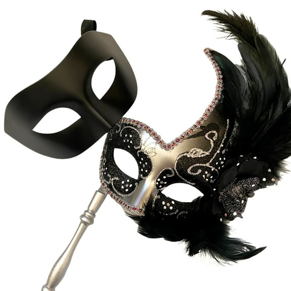 MASQ Couples Masquerade Ball Mask Pair Ostrich Feather Cosplay Costume New Year Mardi Gras Prom Carnival Party (Pair for 2 Masks)