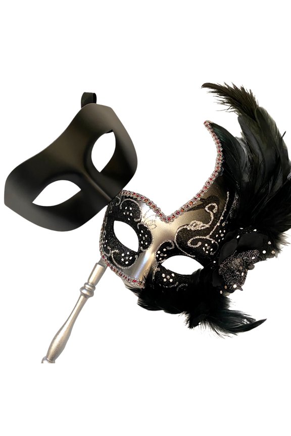 Couples Masquerade Ball Mask Pair Ostrich Feather Cosplay Costume New Year Mardi Gras Prom Carnival Party (Pair for 2 Masks)