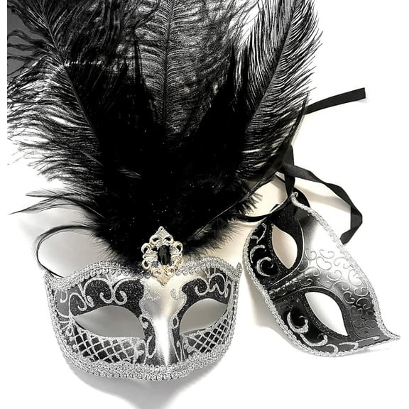 MASQ Masquerade Feather Mask Pair Dress up Birthday Halloween Cosplay Party Prom Wedding Dance Anniversary Wear