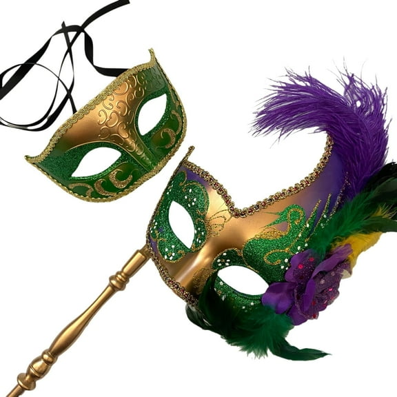 MASQ Masquerade ball stick mask Pair Detachable Handle Ostrich Feather Christmas New Year Mardi Gras Carnival Party