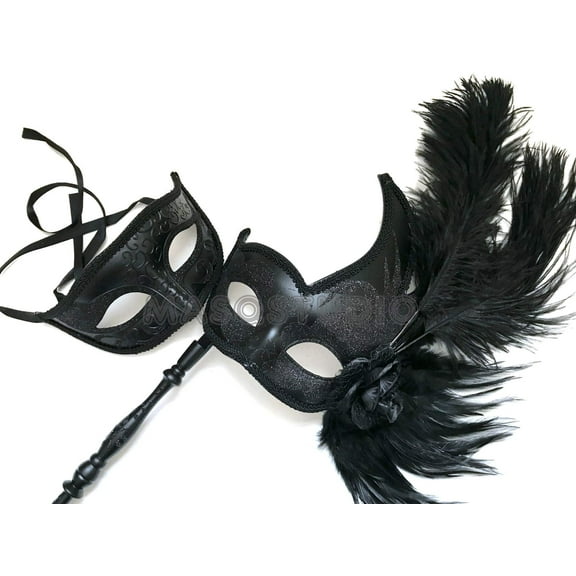 MASQ Masquerade ball stick mask Pair Detachable Handle Ostrich Feather Christmas New Year Mardi Gras Carnival Party