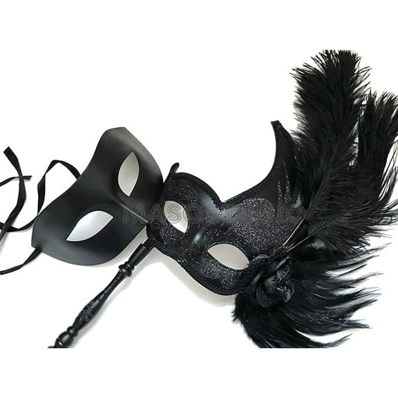 MASQSTUDIO Black Masquerade Ball Mask Pair Ostrich Feather Cosplay Costume New Year Party