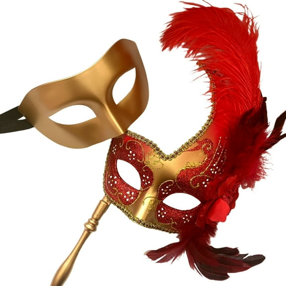 MASQSTUDIO Black Masquerade Ball Mask Pair Ostrich Feather Cosplay Costume New Year Party