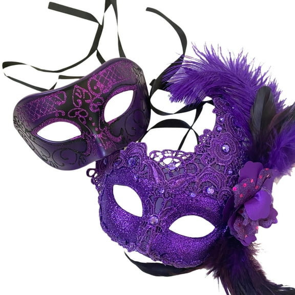 MASQSTUDIO Purple Masquerade Ball Mask Pair Ostrich Feather Mardi Gras Party Dress up Carnival Prom
