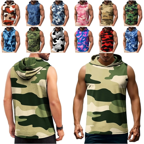 MASRIN Bright Camo Print Sleeveless Hoodie Tank, Men's Activewear for Fitness and Running Multicolor S