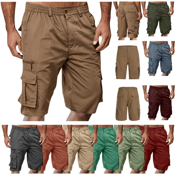 MASRIN Cargo Shorts for Men Summer Knee Length Work Hiking Pants Elastic Waist Vacation Beach Shorts with Pockets, Orange, XXL