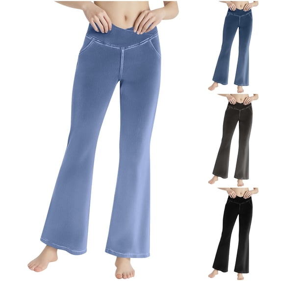 MASRIN Fake Jeans for Women Stretch High Waisted Flared Yoga Pants Solid Casual Butt Lifting Bell Bottom Leggings Black S