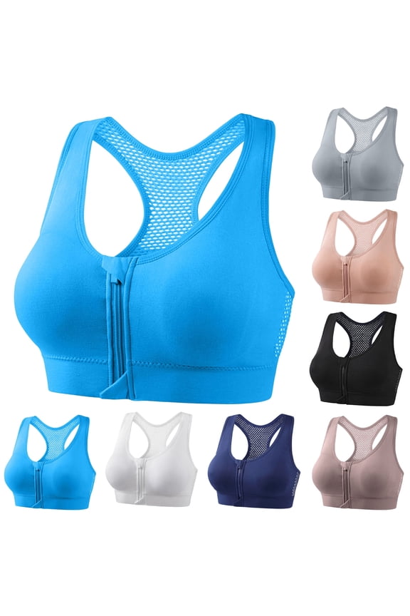 Front Zipper Sports Bras for Women Wirefree Post Surgery Bra Front Closure Racerback Compression Mastectomy Bras Sky Blue S