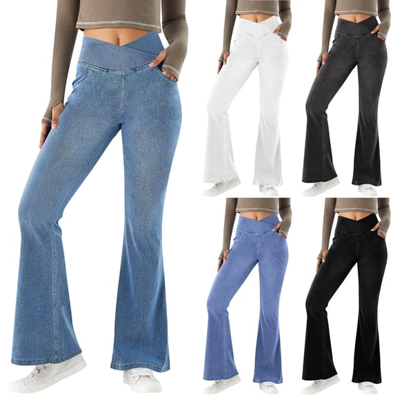 MASRIN Jean Yoga Pants with Pockets for Women High Waisted Bell Bottom Denim Trousers Solid Color Athletic Leggings Dark Blue XXXL