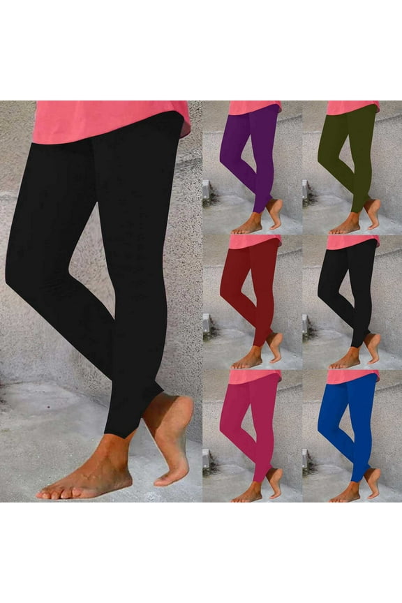 Leggings for Women Stretch Elastic Waist Athletic Yoga Pants Solid Color Casual Slim Fit Full Length Tights Blue L
