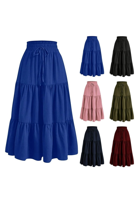 Maxi Skirt for Women Summer Elastic High Waisted Tiered Skirts Beach Vacation A-Line Flowy Long Skirt Army Green L