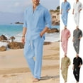 thumbnail image 1 of MASRIN Men's 2 Piece Cotton Linen Sets Casual Long Sleeve Stand Up Collar Henley Shirts and Loose Pants with Pockets Beach Vacation Outfits, Sky Blue, XL, 1 of 5