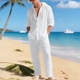 thumbnail image 1 of MASRIN Men's Beach Outfits Cotton Linen Long Sleeve Button Hoodies and Drawstring Straight Leg Pants 2 Piece Sets Summer Vacation Clothes, White, M, 1 of 9