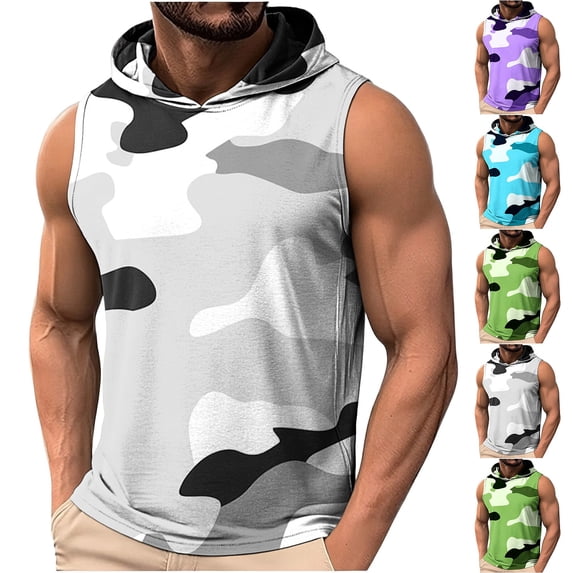MASRIN Men's Camo Print Sleeveless Hooded Tank, Street Style Gym Shirt for Workout Green M