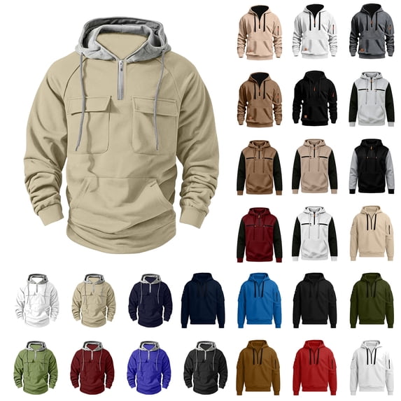 MASRIN Mens Hooded Sweatshirts Quarter Zip Drawstring Cargo Hoodies Pullover Colorblock Long Sleeve Fashion Fall Sweatshirt with Multi Pockets Black M