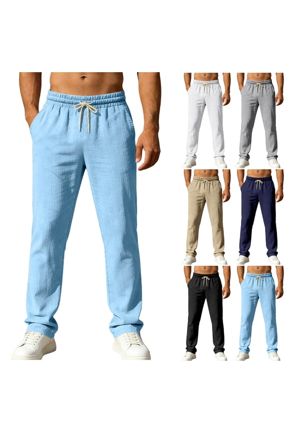 Mens Summer Linen Pants Lightweight Breathable Straight Leg Beach Pants Casual Drawstring Travel Trousers with Pockets, Navy, XL