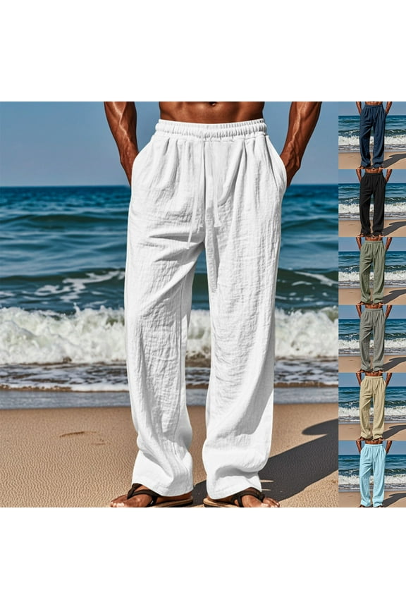 Navy Linen Pants Men Lightweight Casual Drawstring Beach Pant Loose Wide Leg Solid Color Trousers with Pockets Summer Vacation Clothes L