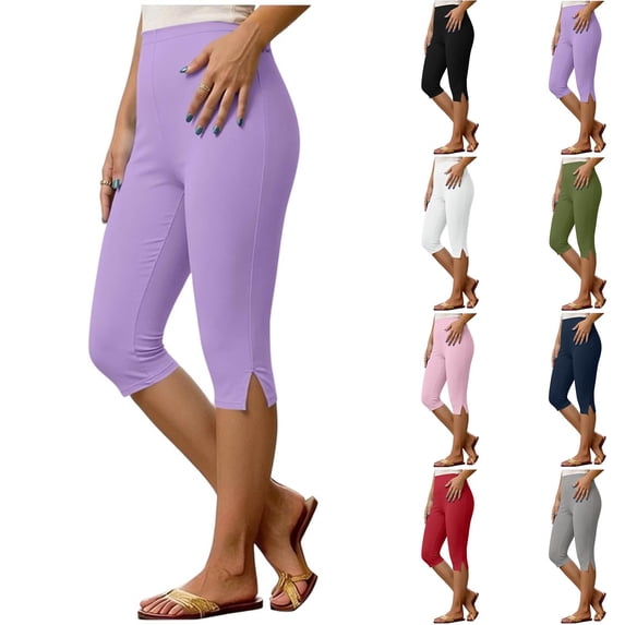 MASRIN Side Slits Capri Leggings for Women Tummy Control High Waisted Soft Yoga Pants Gym Workout 7/8 Length Tights Green S