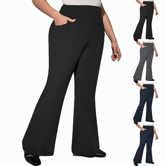 MASRIN Women Yoga Pants Tummy Control Bootcut Plus Size Athletic Leggings Solid Color Bell Bottom Workout Trousers Black XXXXL
