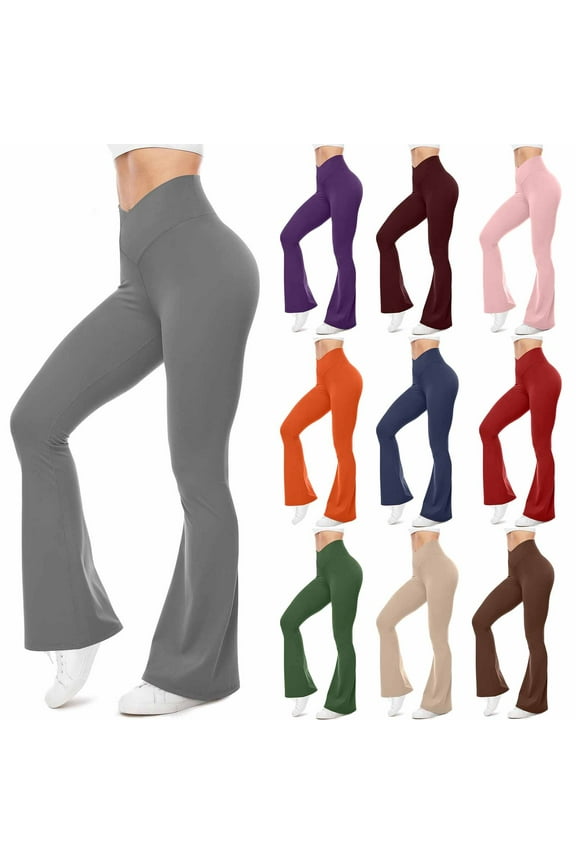 Women's Casual Crossover High Waisted Yoga Pants Gym Butt Lifting Flared Leggings Solid Color Athletic Jeggings Orange XL