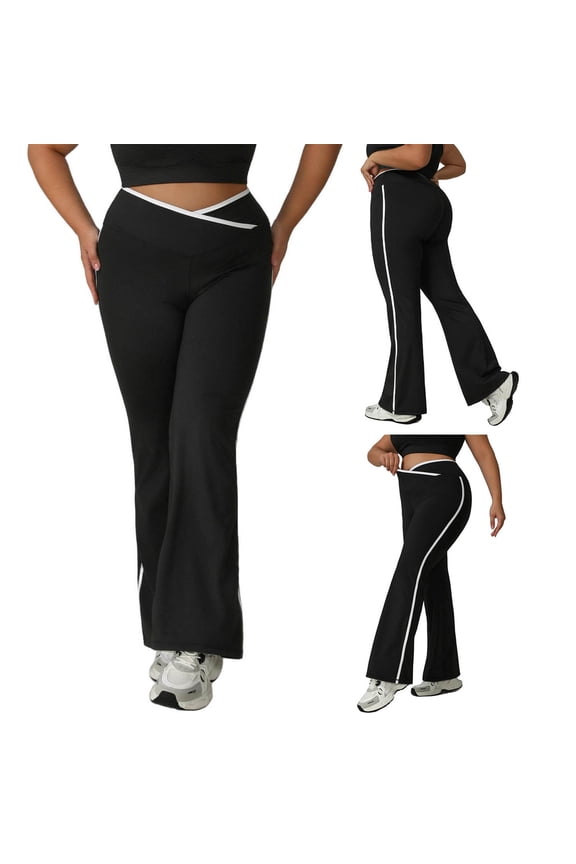 Women's Stretch Full Length Athletic Leggings Plus Size Bell Bottom Yoga Pants Casual V Cross High Waisted Butt Lifting Flared Leggings Black XL