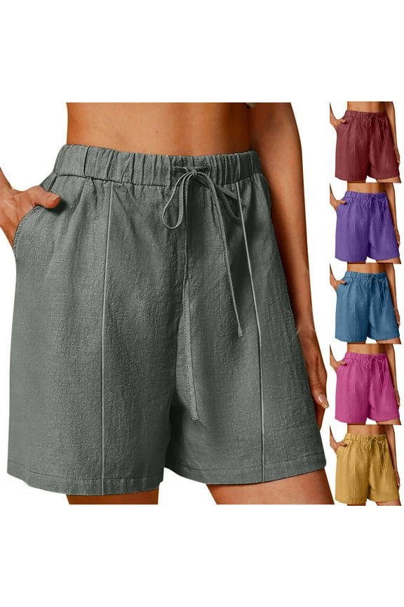 Womens Cotton Linen Summer Shorts Drawstring High Waisted Wide Leg Shorts Baggy Comfy Lounge Beach Cruise Shorts with Pockets White L