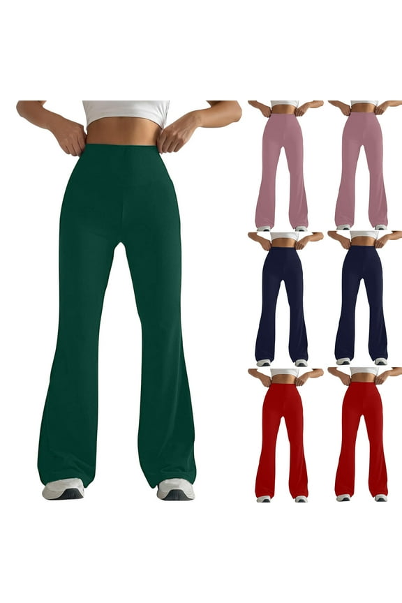 Womens High Waisted Athletic Leggings Tummy Control Bootcut Yoga Pants Solid Color Casual Bell Bottom Trousers Pink S