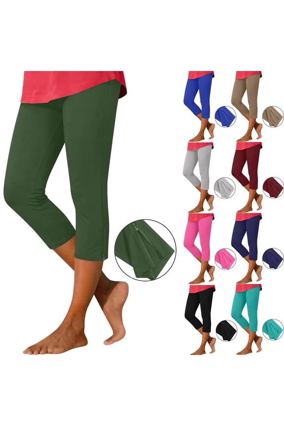 Womens High Waisted Cropped Leggings Casual Side Zip Slits Yoga Pants Soft Lightweight Athletic Tight Capris Beige XL