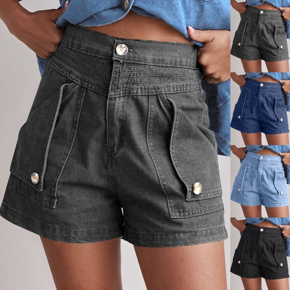 MASRIN Womens Vintage Cargo Jean Shorts High Waisted Wide Leg Denim Shorts Baggy Casual Street Trouser Shorts with Multi Pockets Light Blue S