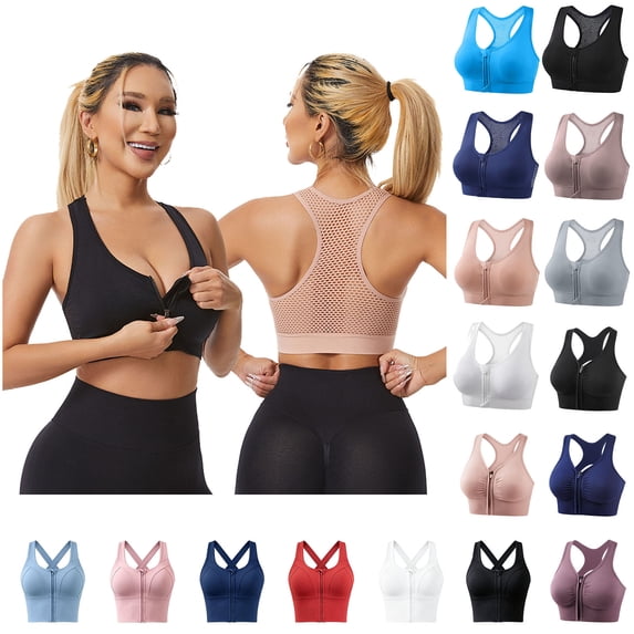 MASRIN Zipper Front Closure Sports Bras for Women Wirefree Post Surgery Mastectomy Bras Mesh Racerback Padded Running Yoga Bralettes Black S