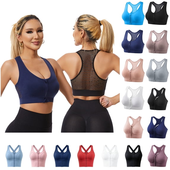 MASRIN Zipper Front Closure Sports Bras for Women Wirefree Post Surgery Mastectomy Bras Mesh Racerback Padded Running Yoga Bralettes Navy L
