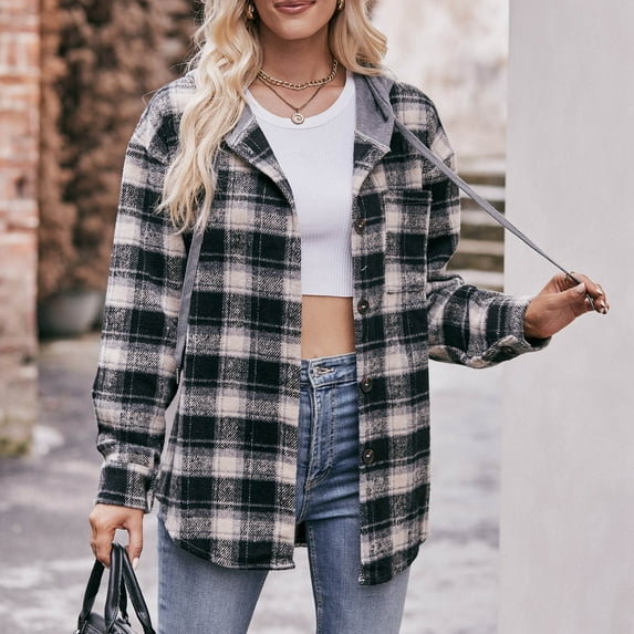 MASRIN plaid flannel shirts for women Flannels for Women 2024 Fall Cropped Shacket Jacket Fashion Plaid Button Down Shirt 2024 Oversized Coat Tops oversized flannel shacket