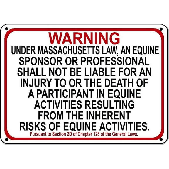 MASSACHUSETTS Equine Metal Sign activity liability warning statute horse barn stable Size: 16 x 12 Inch