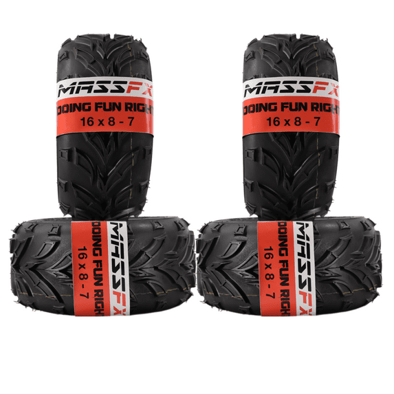MASSFX 16x8.00-7 front or rear Mini ATV , Go Kart, or Lawn Equipment Tires - 4 Ply Rating - 9 mm Tread Depth - Heavy-Duty Construction - Versatile Size for Various Equipment - 16x8x7 (4 Pack)
