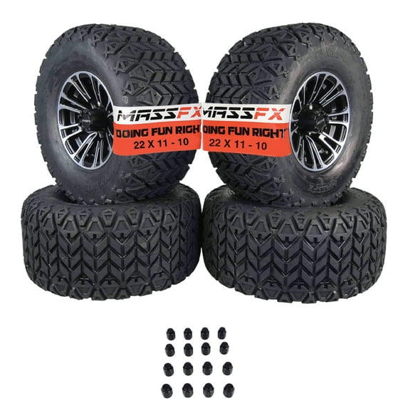 MASSFX SL 22x11-10 F/R Golf Cart, QUAKE 4 Blk Wheels 10x7 4/101.6 & 16 Blk Lugs