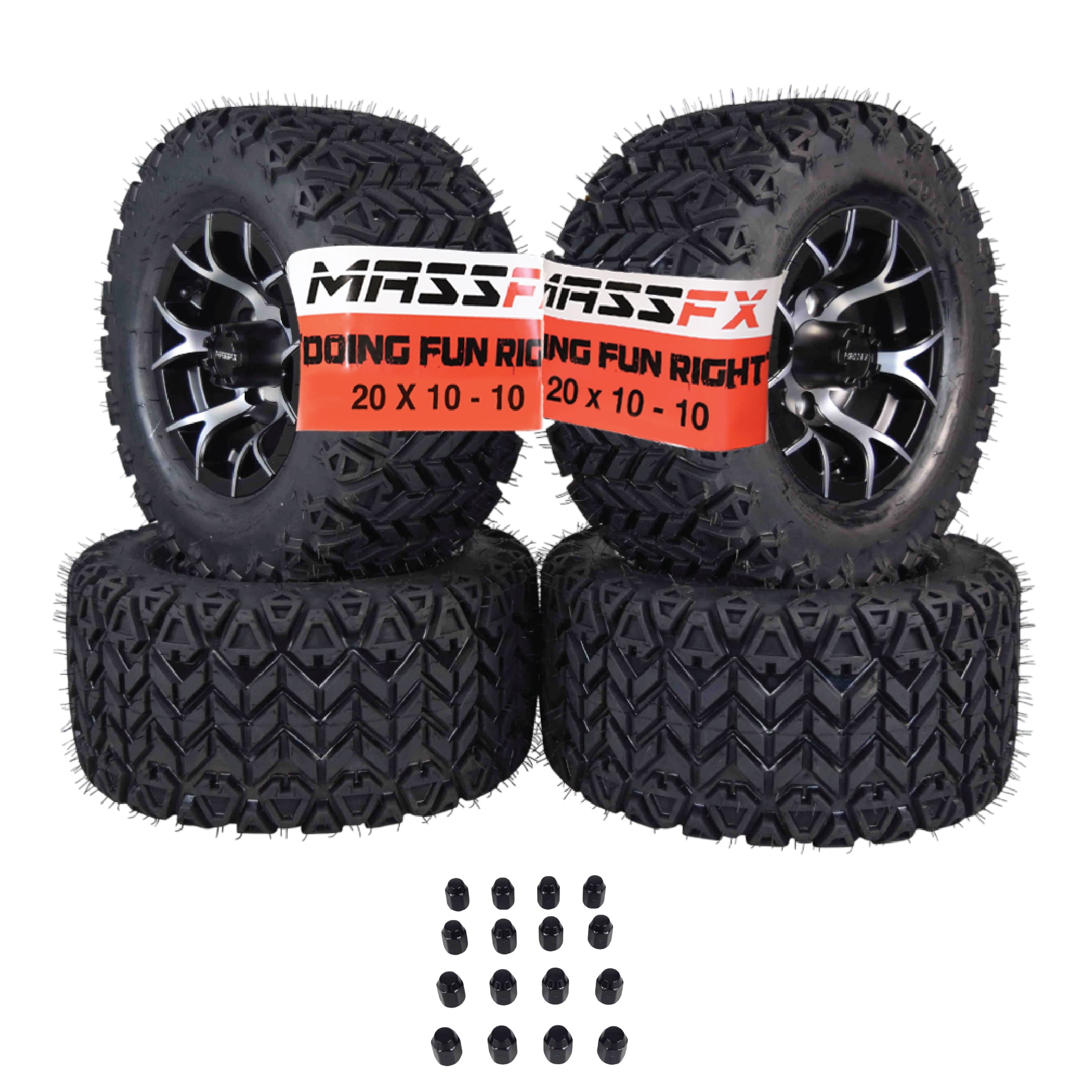 MASSFX SL 20x10-10 F/R Golf Cart, VIPER 4 Blk Wheels 10x7 4/101.6 & 16 Blk Lugs