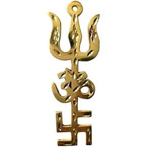 MASSIVE MART Brass Ashtdhatu Tri Shakti Trishul Om Swastika Yantra Spiritual Metal Wall Hanging Showpiece Ornament Hindu Religious/House/Office Protection From Evil Eye Effect