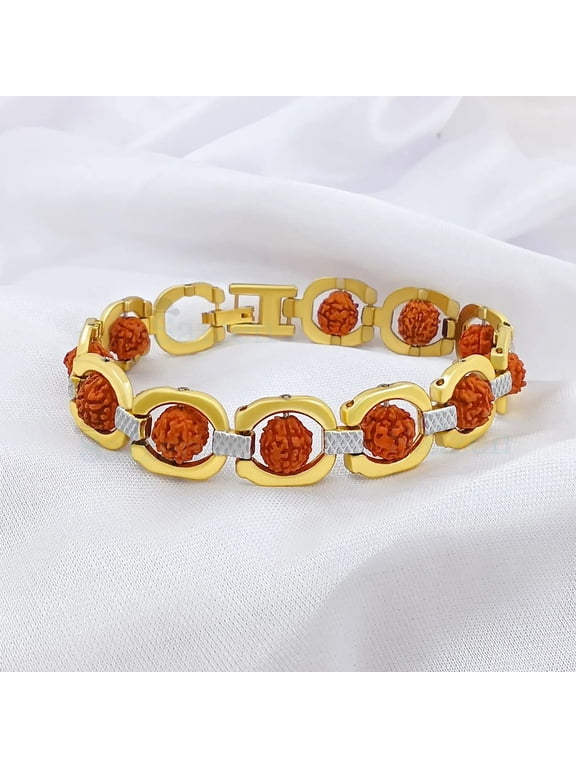 Golden Plated Stylish Trending Plain Brown Beads Rudraksha Mala Chain Friendship Hand Cuff Designer Wrist Band Bangle Slip-On Bracelet With Lock