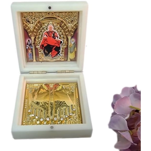 MASSIVE MART Guru Ji Charan Paduka with 3D Swaroop | Wooden Gold Plated | Devotional | Prayer Box with Mahadev and Waheguru | Has Divine Fragrance