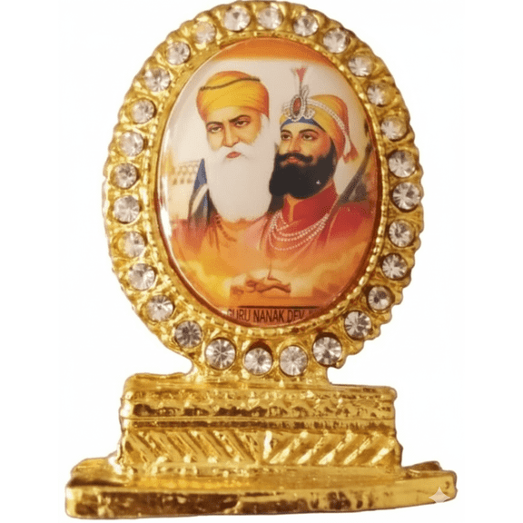 MASSIVE MART Guru Nanak ji And Guru Govind Singh ji Together Golden Studded Car Dashboard | Mandir | Home Dcor | Office Table Showpiece