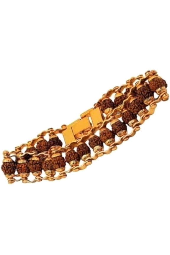 Rudraksha Bracelet For Men Women Gold Plated Designer Himalayan Bead Bracelet 5-mukhi Face Rudraksha Bead Spiritual Jewelry For Positive Energy, Prosperity, Brown Wood