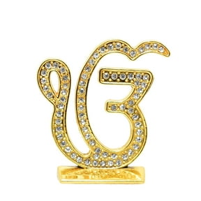 MASSIVE MART Sikh Religious Symbol EK Onkar Studded Idol Ik Onkar Studded Golden Metal Statue For Car Dashboard Mandir Murti Temple Puja Home Decor Office Table Showpiece