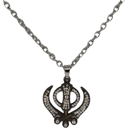 MASSIVE MART Sikh Studded Khanda With Stainless Steel Cubic Zirconia Pendant Locket Along With Chain Necklace For Men And Women