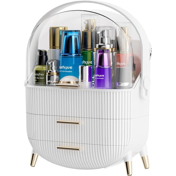 MASSY Egg Shape(Oval) Makeup Storage Box, Countertop Portable Vanity Cosmetics Organizer Preppy Style (WHITE)