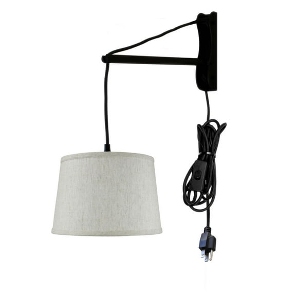 MAST Plug-In Wall Mount Pendant, 1 Light Black Cord/Arm, Shallow Drum Textured Oatmeal Shade 10x12x8