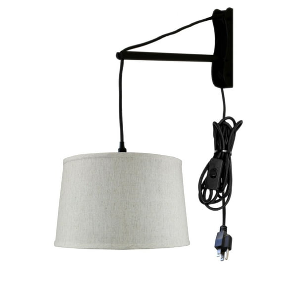 MAST Plug-In Wall Mount Pendant, 1 Light Black Cord/Arm, Shallow Drum Textured Oatmeal Shade 14x16x10