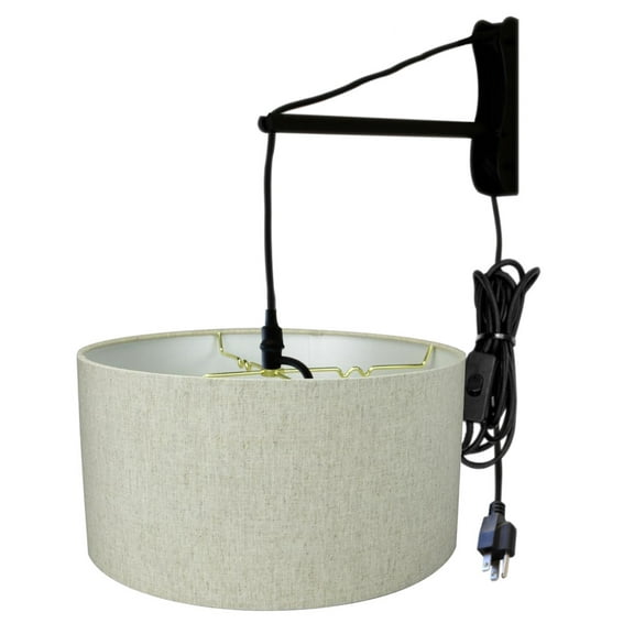 MAST Plug-In Wall Mount Pendant, 1 Light Black Cord/Arm, Textured Oatmeal Shade 18x18x10