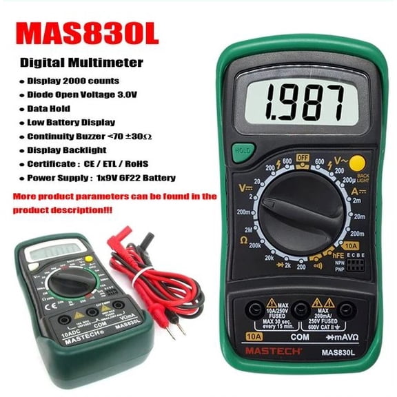 MASTECH MAS830L Digital Multimeter Display 2000 counts;Continuity Buzzer Less than 70 30Low Battery Display(MAS830L)