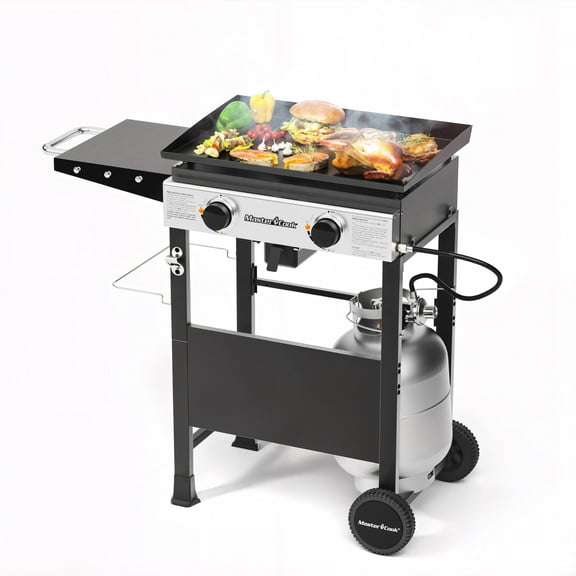MASTER COOK 2 Burners Propane Griddle, Flat Top Gas Grill with Trolley, Side Shelves and Wheels for Outdoor BBQ, Camping